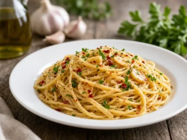 Spaghetti aglio e olio with garlic and chilli flakes