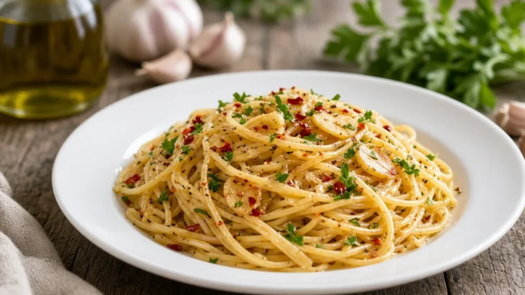Spaghetti aglio e olio with garlic and chilli flakes