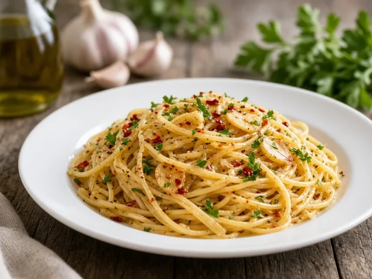 Spaghetti aglio e olio with garlic and chilli flakes