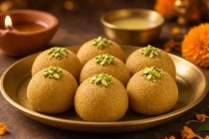 Besan ladoo with pistachios on a brass plate