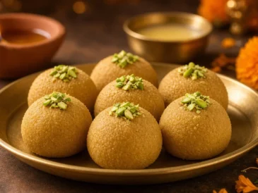 Besan ladoo with pistachios on a brass plate