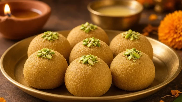 Besan ladoo with pistachios on a brass plate