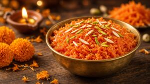 Gajar ka halwa in a brass bowl with almonds and pistachios