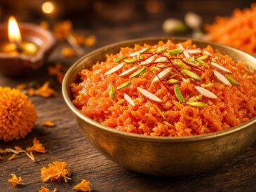 Gajar ka halwa in a brass bowl with almonds and pistachios