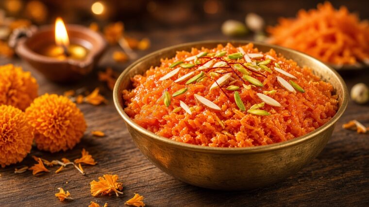 Gajar ka halwa in a brass bowl with almonds and pistachios