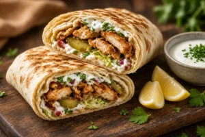 Homemade chicken shawarma wraps with garlic sauce