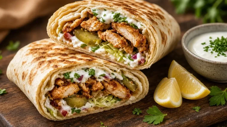 Homemade chicken shawarma wraps with garlic sauce