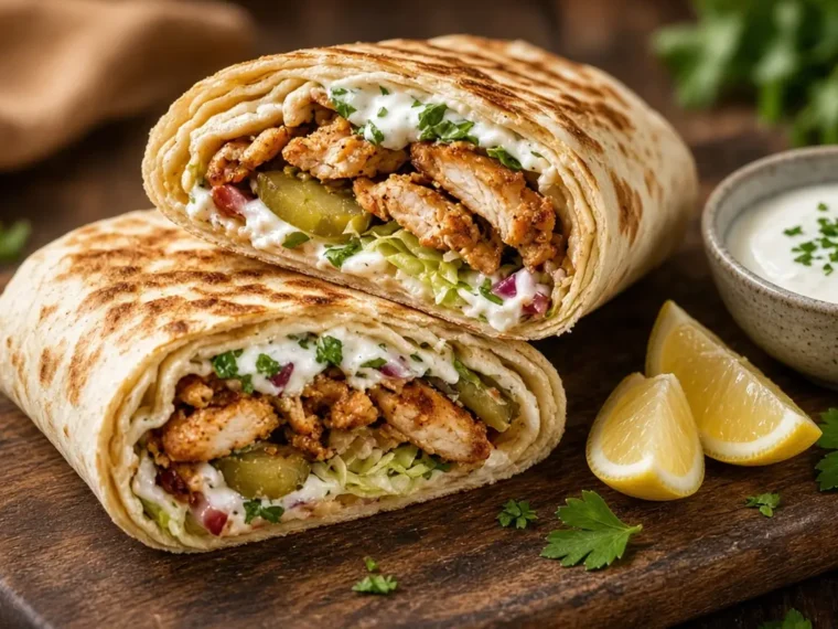 Homemade chicken shawarma wraps with garlic sauce