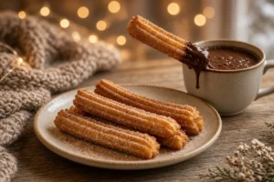 Spanish churros with cinnamon sugar and chocolate dip