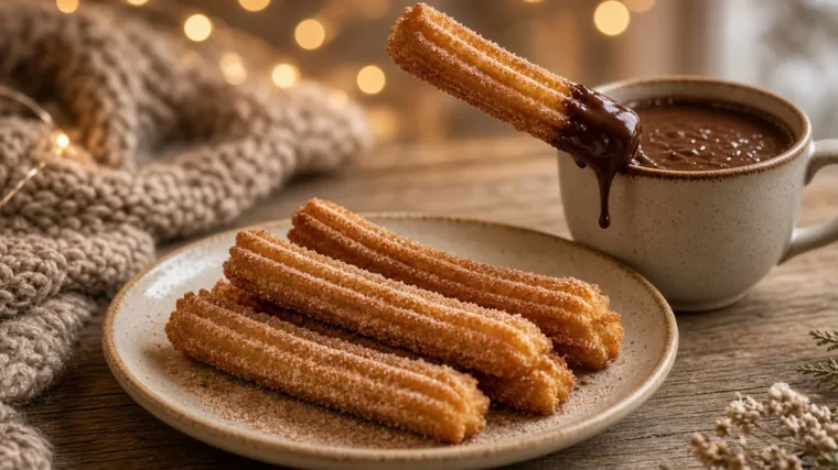 Spanish churros with cinnamon sugar and chocolate dip
