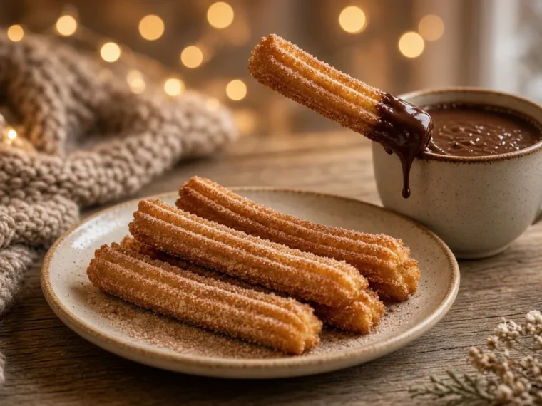 Spanish churros with cinnamon sugar and chocolate dip